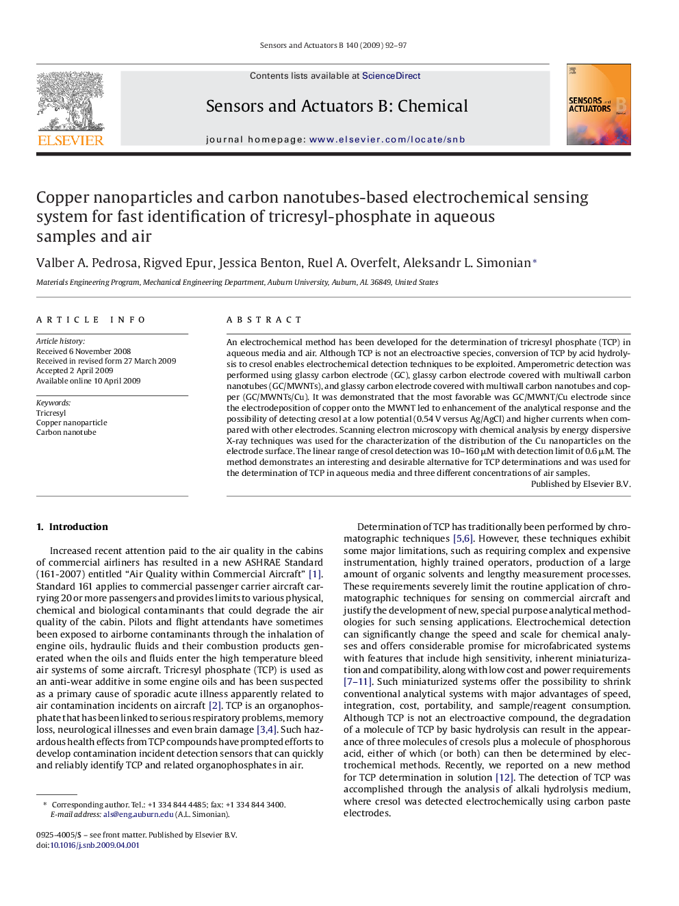 Copper nanoparticles and carbon nanotubes-based electrochemical sensing system for fast identification of tricresyl-phosphate in aqueous samples and air