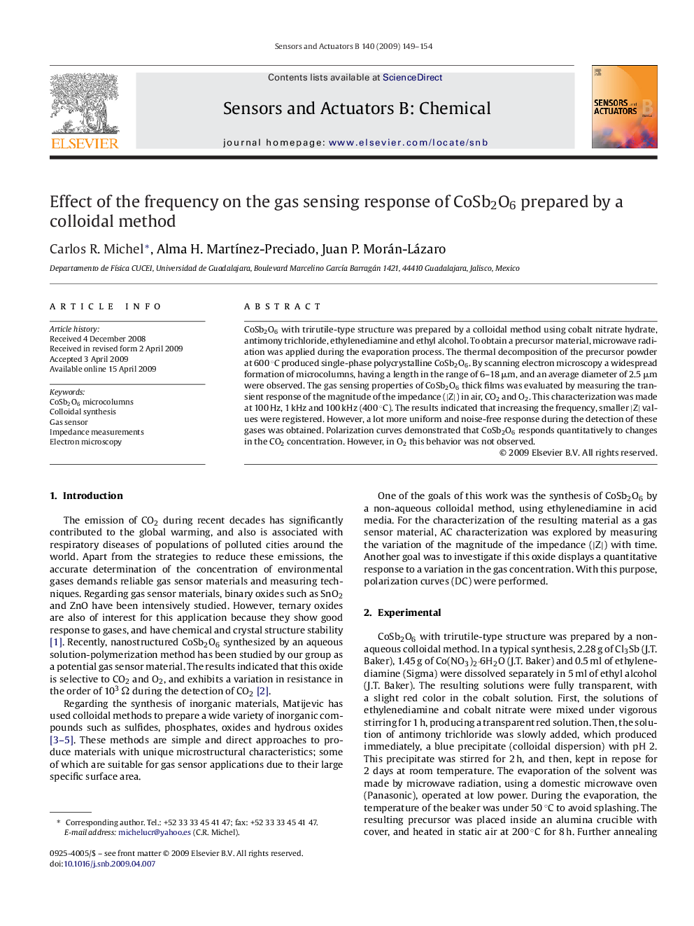 Effect of the frequency on the gas sensing response of CoSb2O6 prepared by a colloidal method