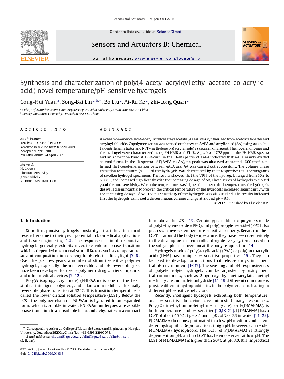 Synthesis and characterization of poly(4-acetyl acryloyl ethyl acetate-co-acrylic acid) novel temperature/pH-sensitive hydrogels