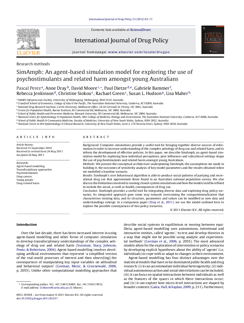 SimAmph: An agent-based simulation model for exploring the use of psychostimulants and related harm amongst young Australians