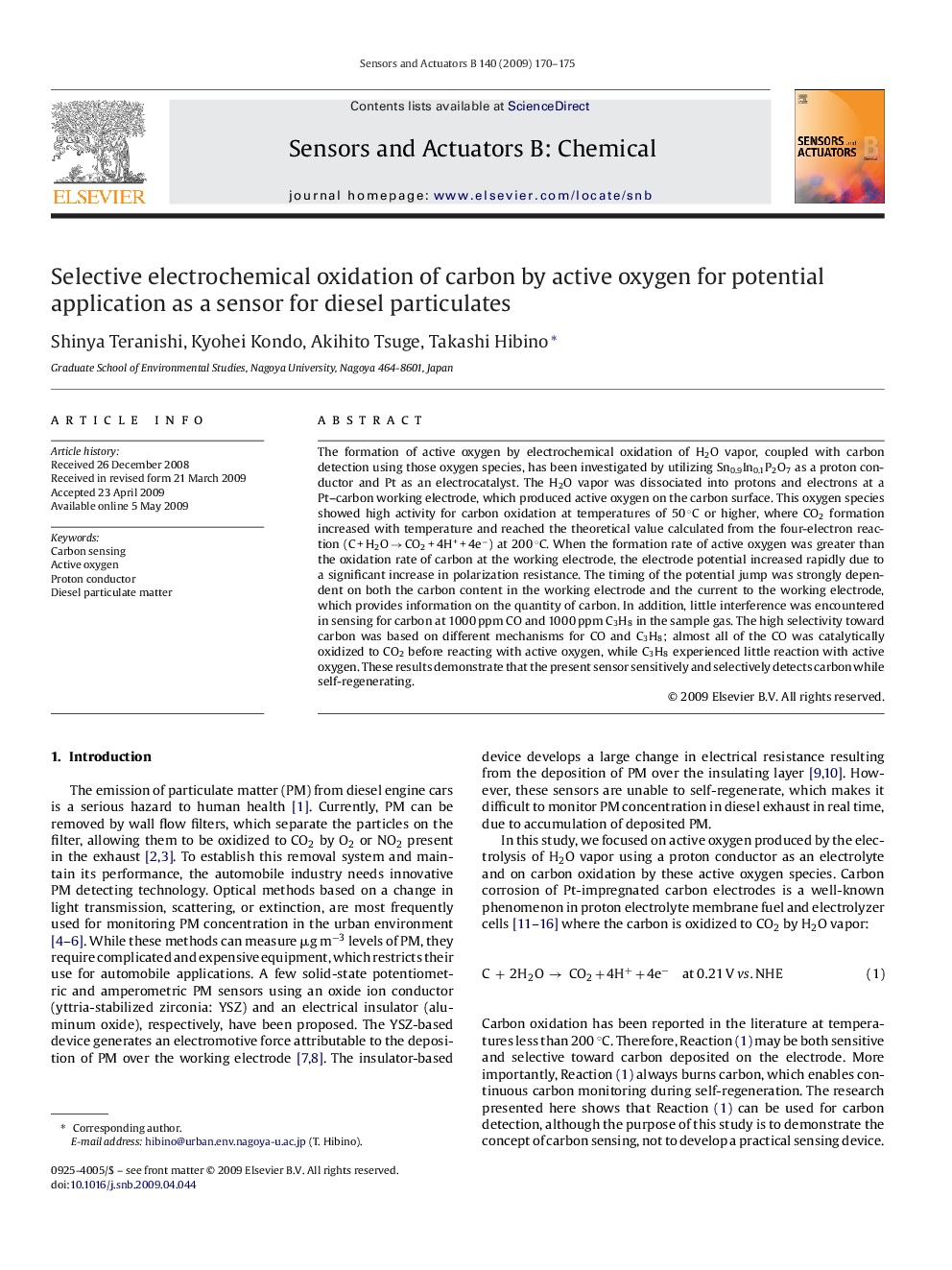 Selective electrochemical oxidation of carbon by active oxygen for potential application as a sensor for diesel particulates