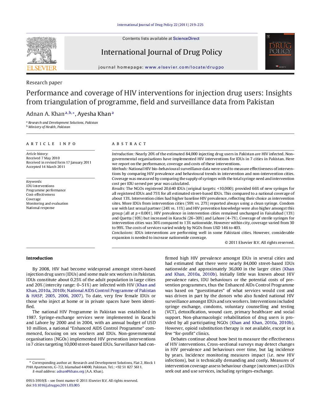 Performance and coverage of HIV interventions for injection drug users: Insights from triangulation of programme, field and surveillance data from Pakistan