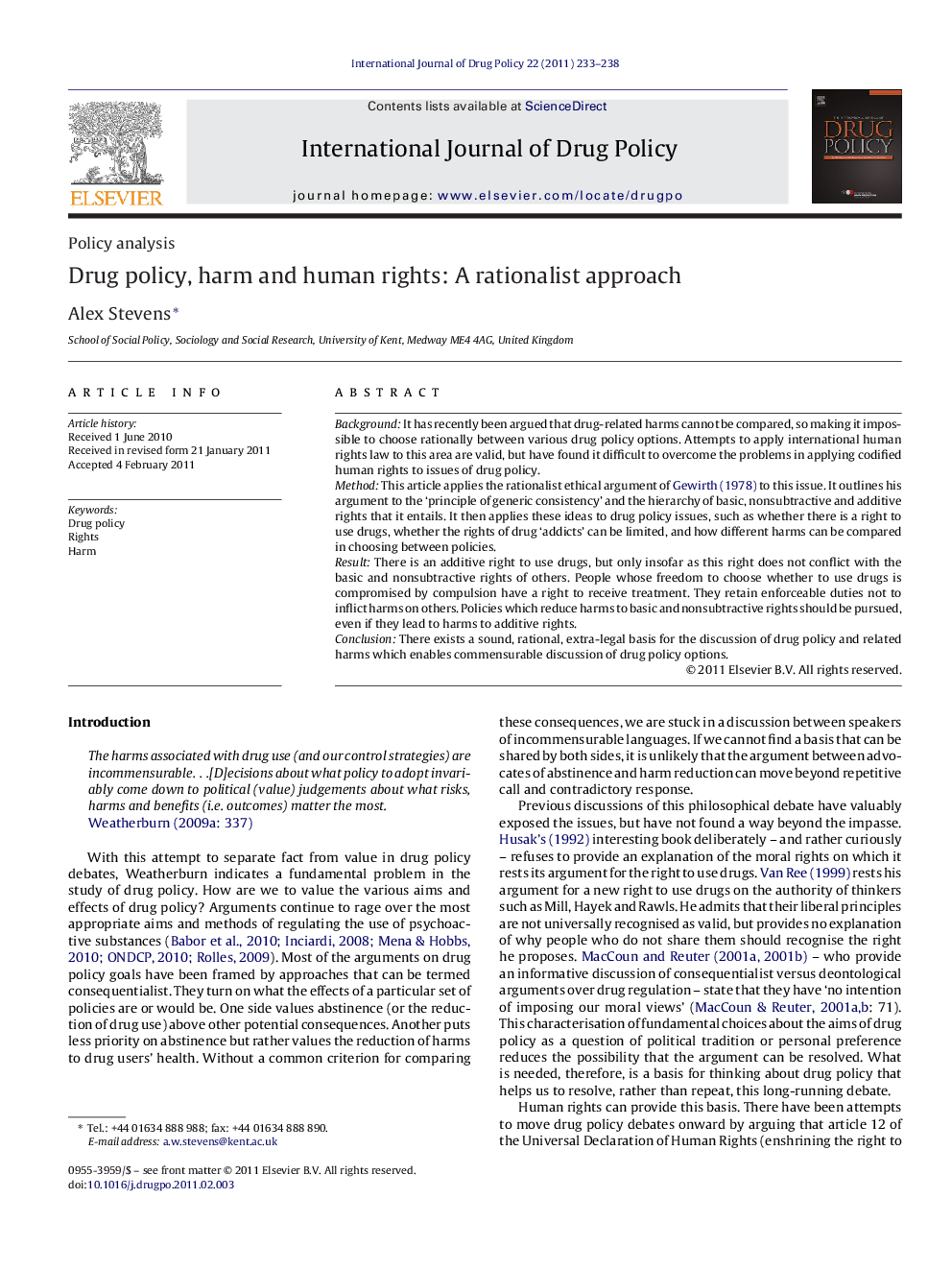 عکس صفحه اول مقاله: Drug policy, harm and human rights: A rationalist approach Drug policy, harm and human rights: A rationalist approach