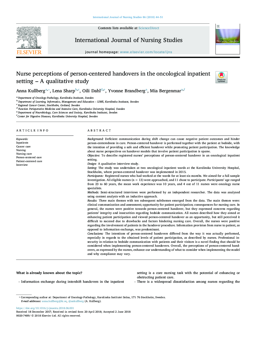 Nurse perceptions of person-centered handovers in the oncological inpatient setting - A qualitative study