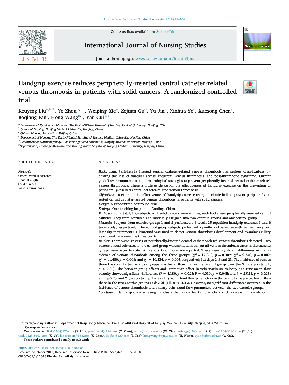 Handgrip exercise reduces peripherally-inserted central catheter-related venous thrombosis in patients with solid cancers: A randomized controlled trial