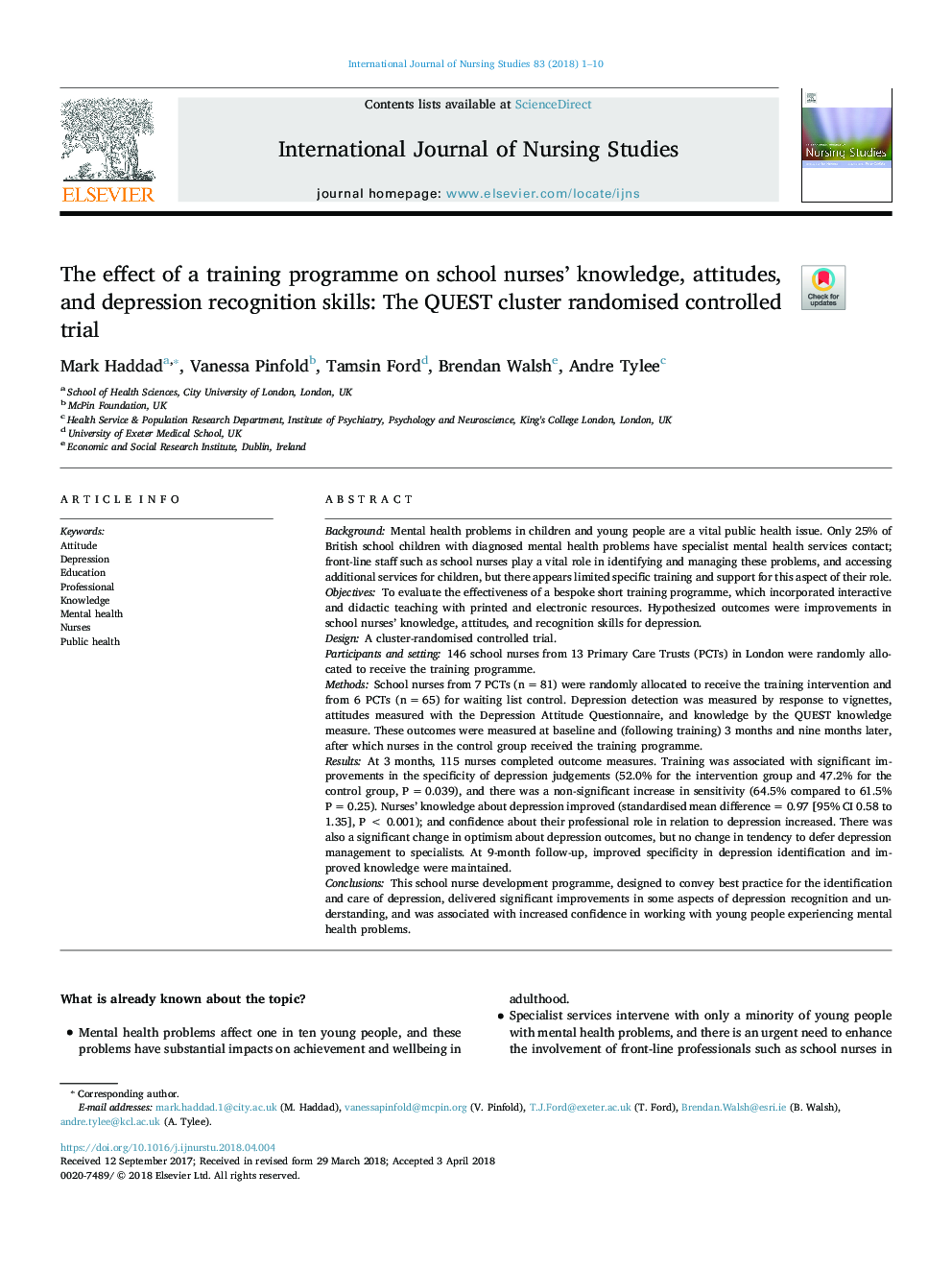 The effect of a training programme on school nurses' knowledge, attitudes, and depression recognition skills: The QUEST cluster randomised controlled trial