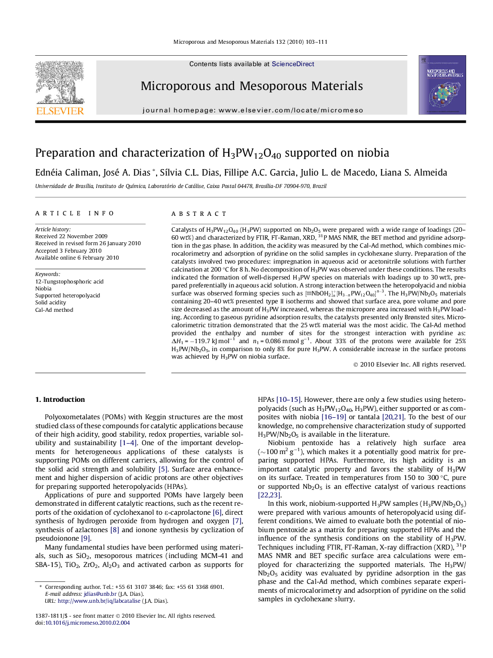 Preparation and characterization of H3PW12O40 supported on niobia