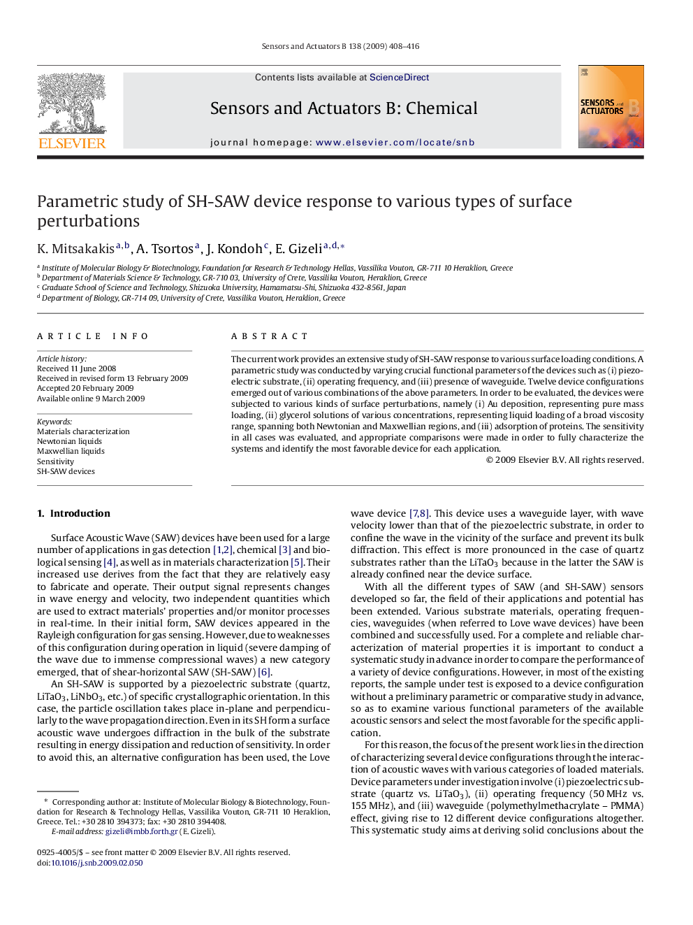 Parametric study of SH-SAW device response to various types of surface perturbations