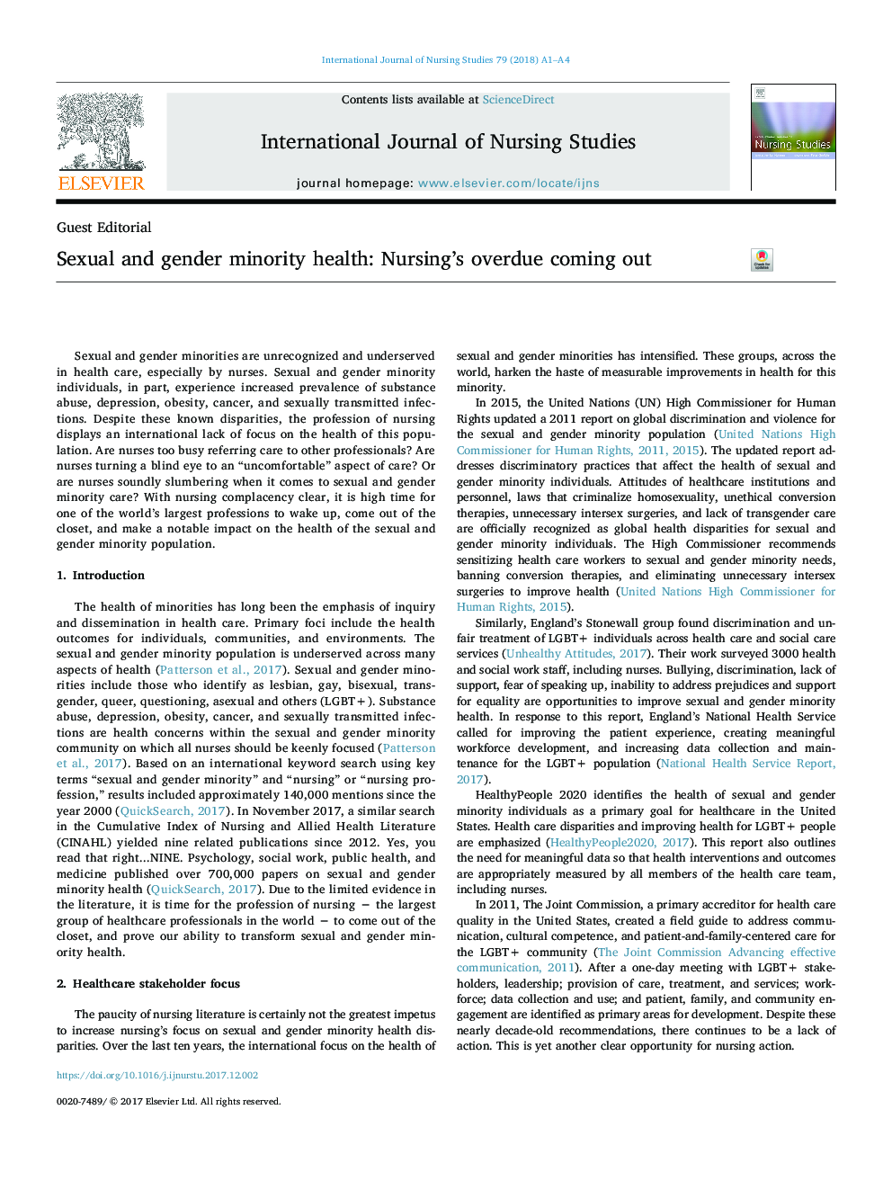 Sexual and gender minority health: Nursing's overdue coming out