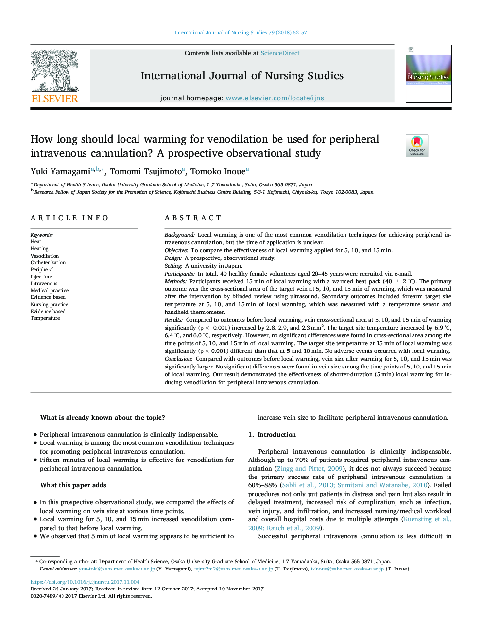 How long should local warming for venodilation be used for peripheral intravenous cannulation? A prospective observational study