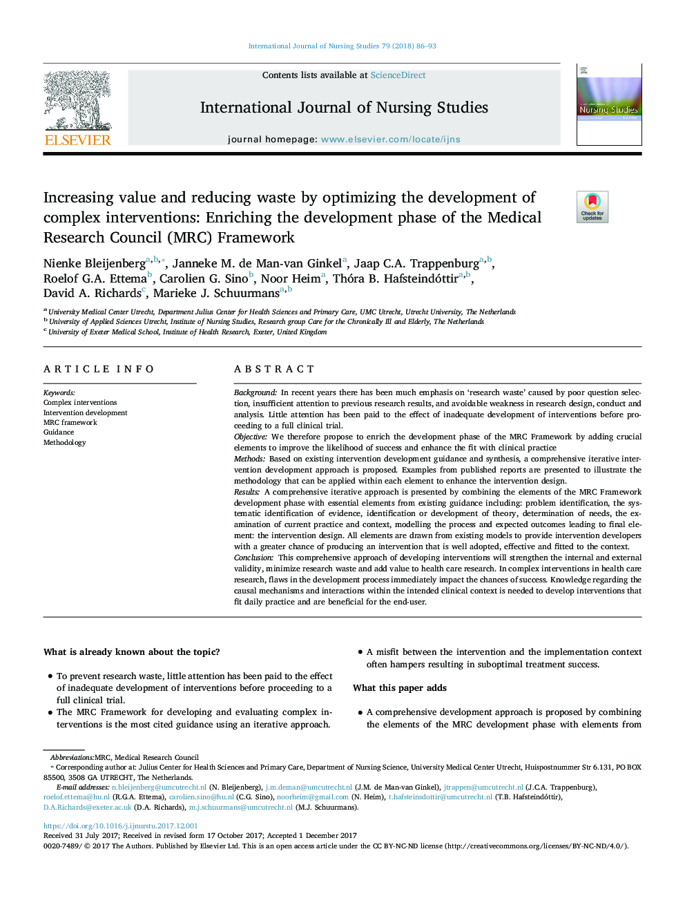 Increasing value and reducing waste by optimizing the development of complex interventions: Enriching the development phase of the Medical Research Council (MRC) Framework