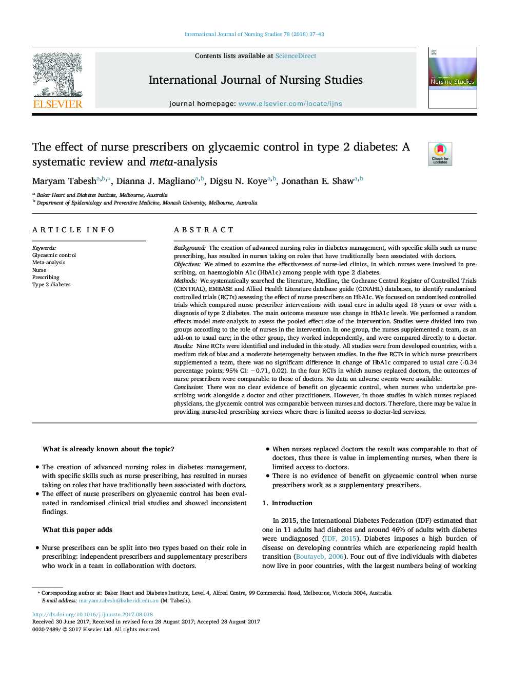 The effect of nurse prescribers on glycaemic control in type 2 diabetes: A systematic review and meta-analysis