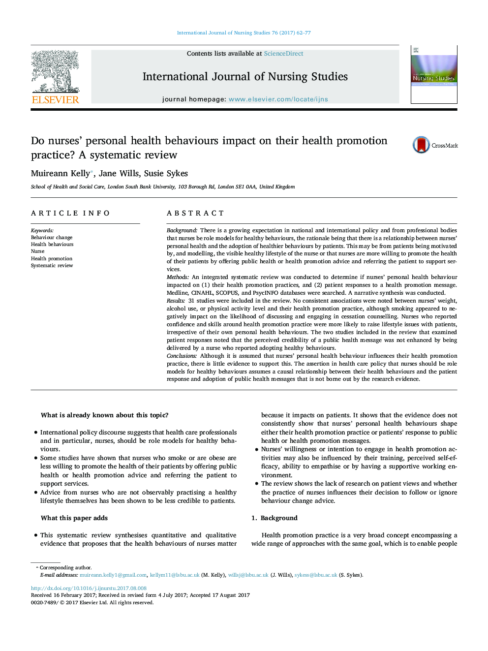 Do nurses' personal health behaviours impact on their health promotion practice? A systematic review