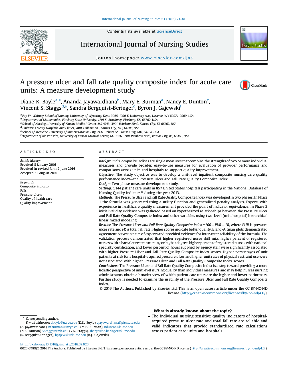 A pressure ulcer and fall rate quality composite index for acute care units: A measure development study