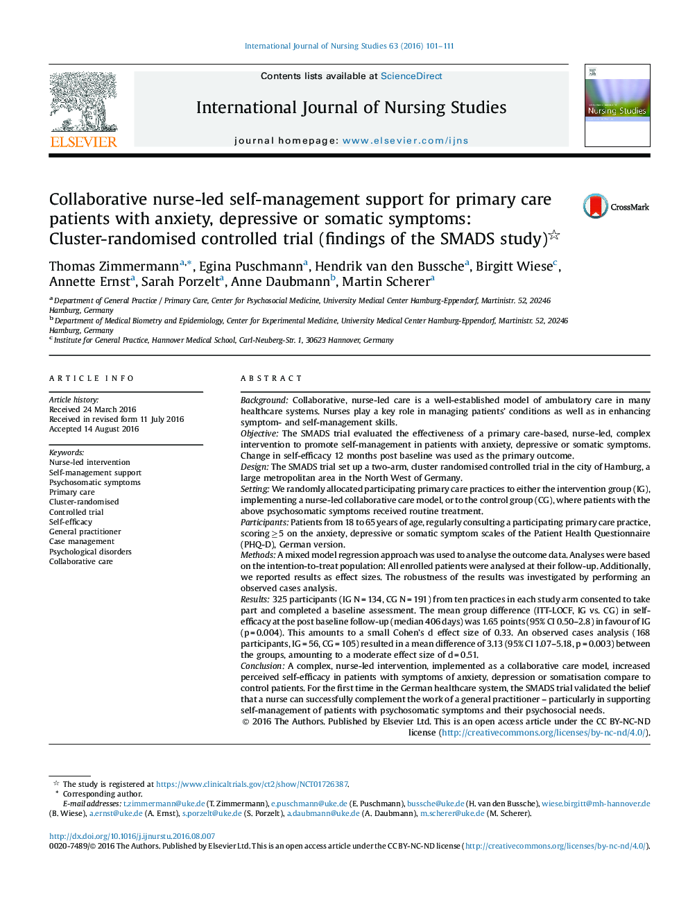 Collaborative nurse-led self-management support for primary care patients with anxiety, depressive or somatic symptoms: Cluster-randomised controlled trial (findings of the SMADS study)
