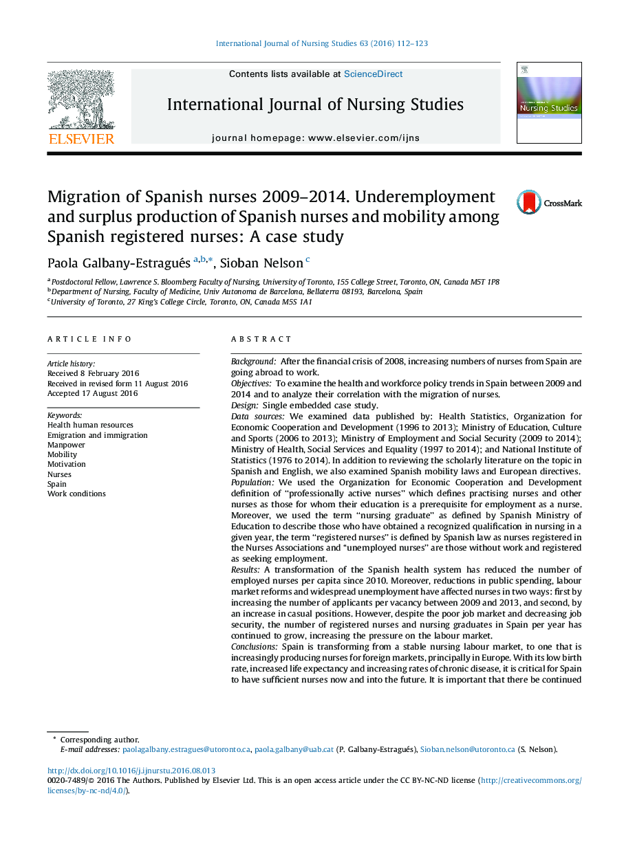 مهاجرت پرستاران اسپانیایی 2009-2014. تولید ناخالصی و مازاد پرستاران اسپانیایی و تحرک پرستاران ثبت شده اسپانیا: مطالعه موردی 