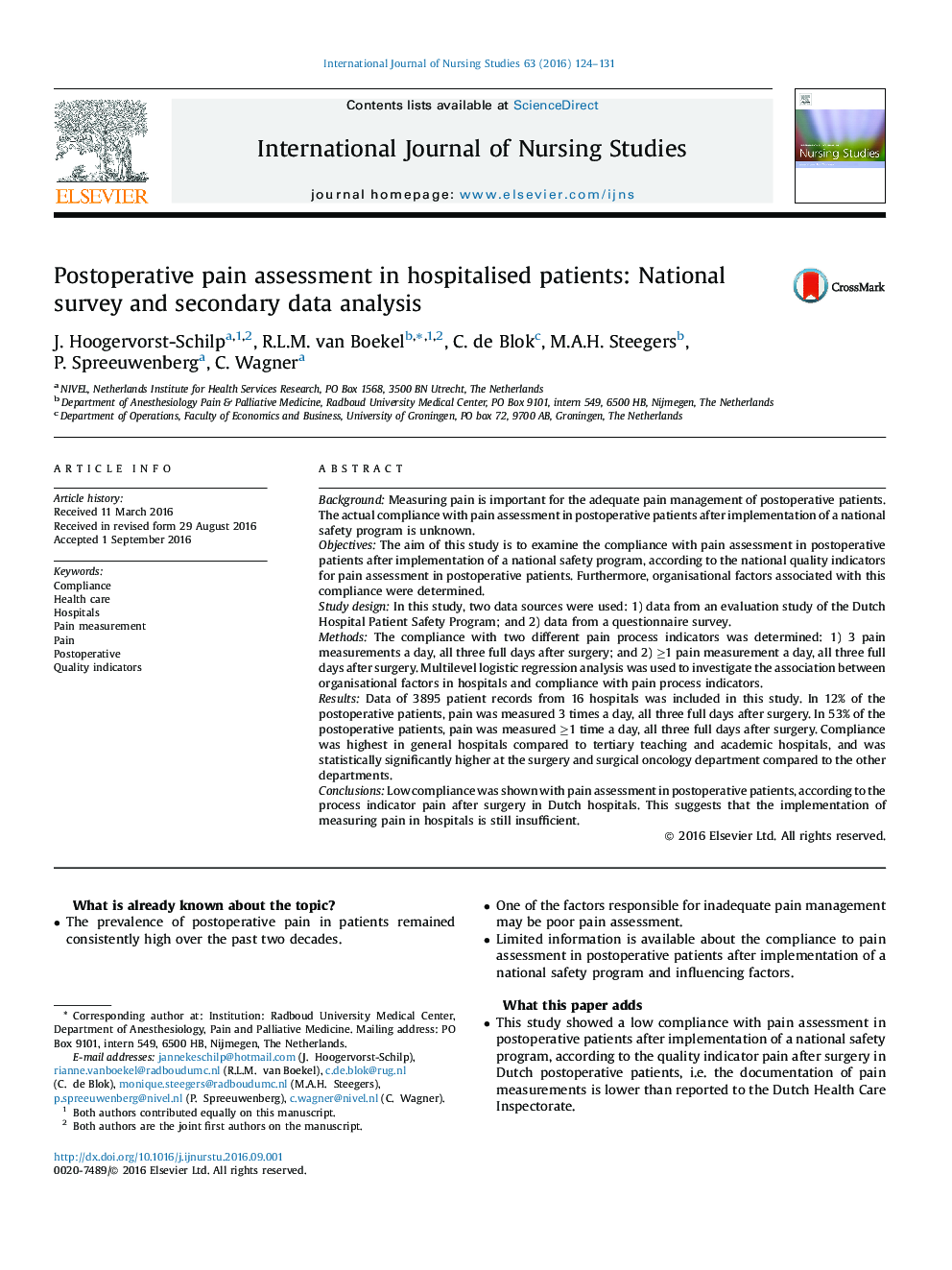 Postoperative pain assessment in hospitalised patients: National survey and secondary data analysis