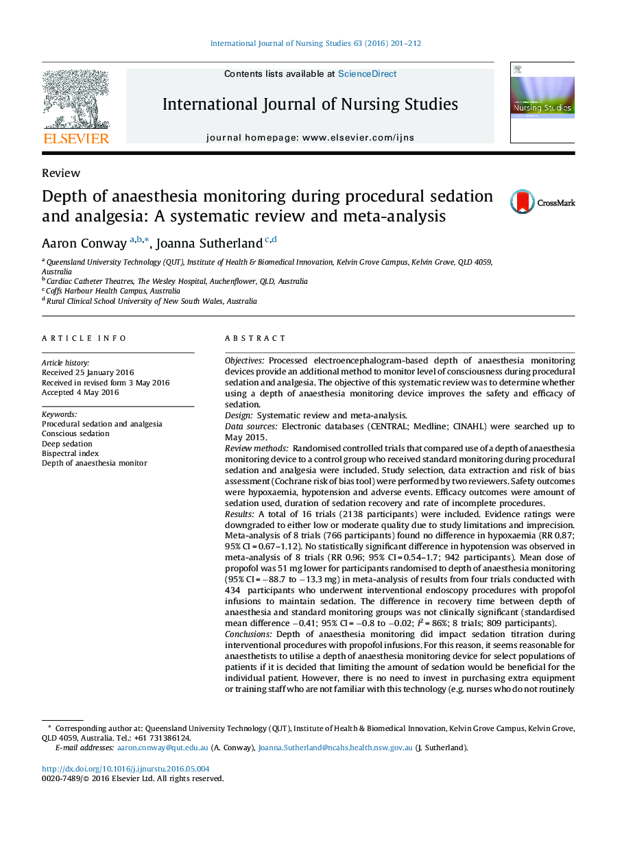 Depth of anaesthesia monitoring during procedural sedation and analgesia: A systematic review and meta-analysis