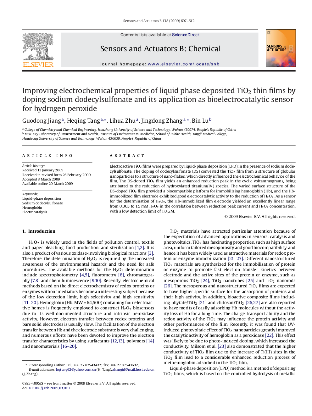 Improving electrochemical properties of liquid phase deposited TiO2 thin films by doping sodium dodecylsulfonate and its application as bioelectrocatalytic sensor for hydrogen peroxide