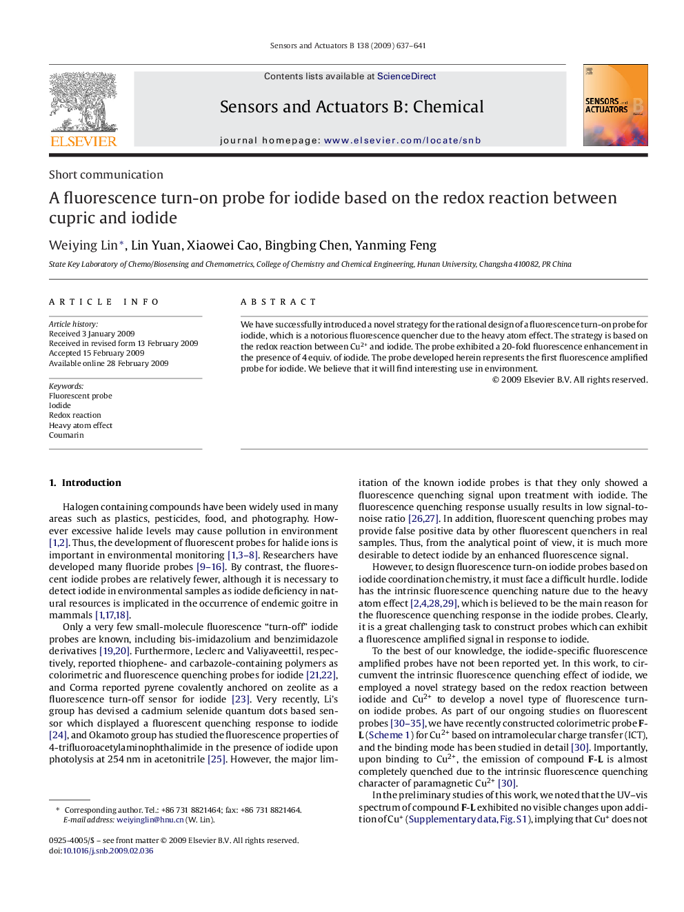 A fluorescence turn-on probe for iodide based on the redox reaction between cupric and iodide