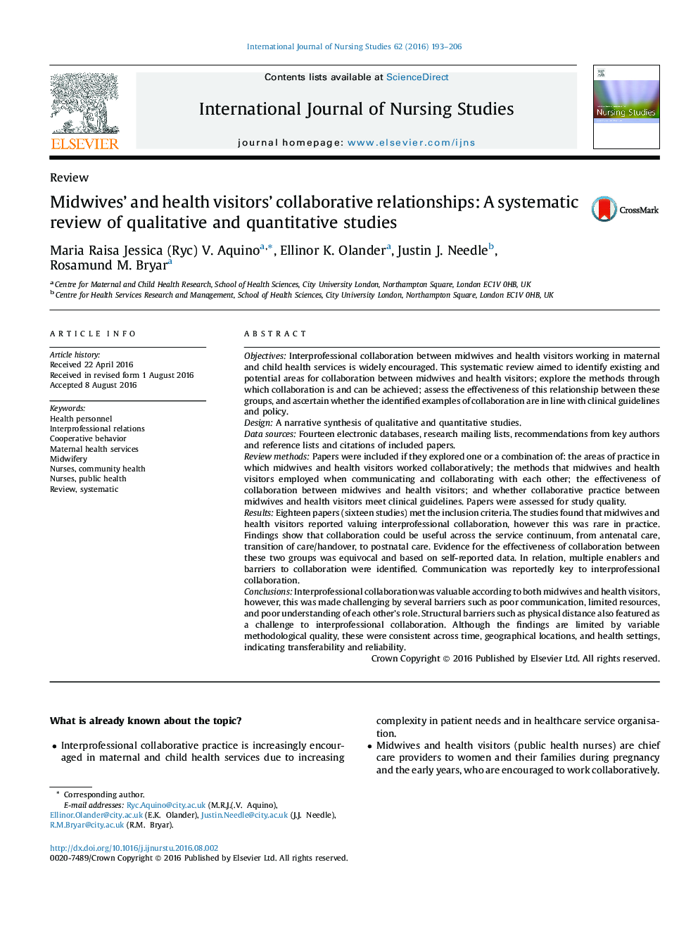 Midwives' and health visitors' collaborative relationships: A systematic review of qualitative and quantitative studies