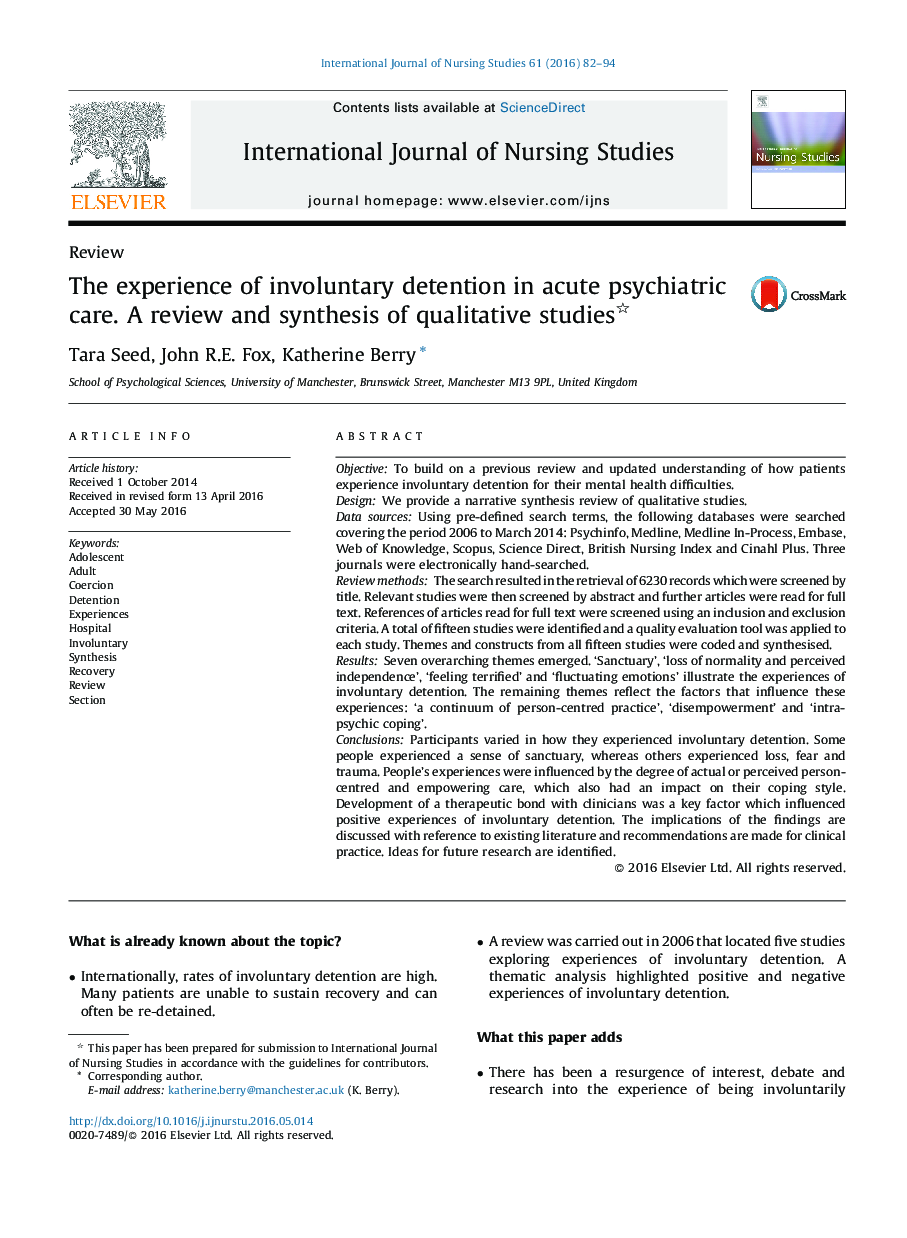 The experience of involuntary detention in acute psychiatric care. A review and synthesis of qualitative studies