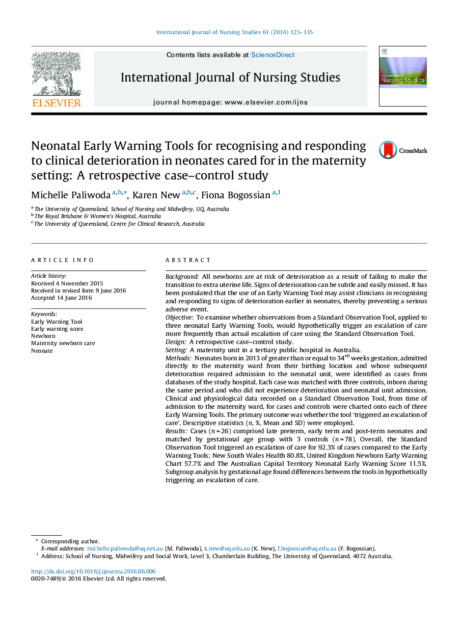 Neonatal Early Warning Tools for recognising and responding to clinical deterioration in neonates cared for in the maternity setting: A retrospective case-control study