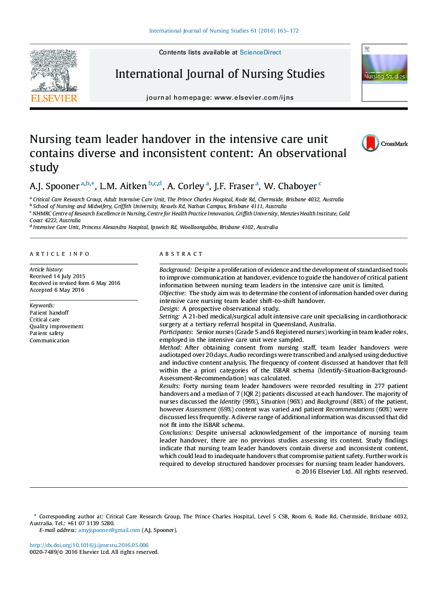 Nursing team leader handover in the intensive care unit contains diverse and inconsistent content: An observational study