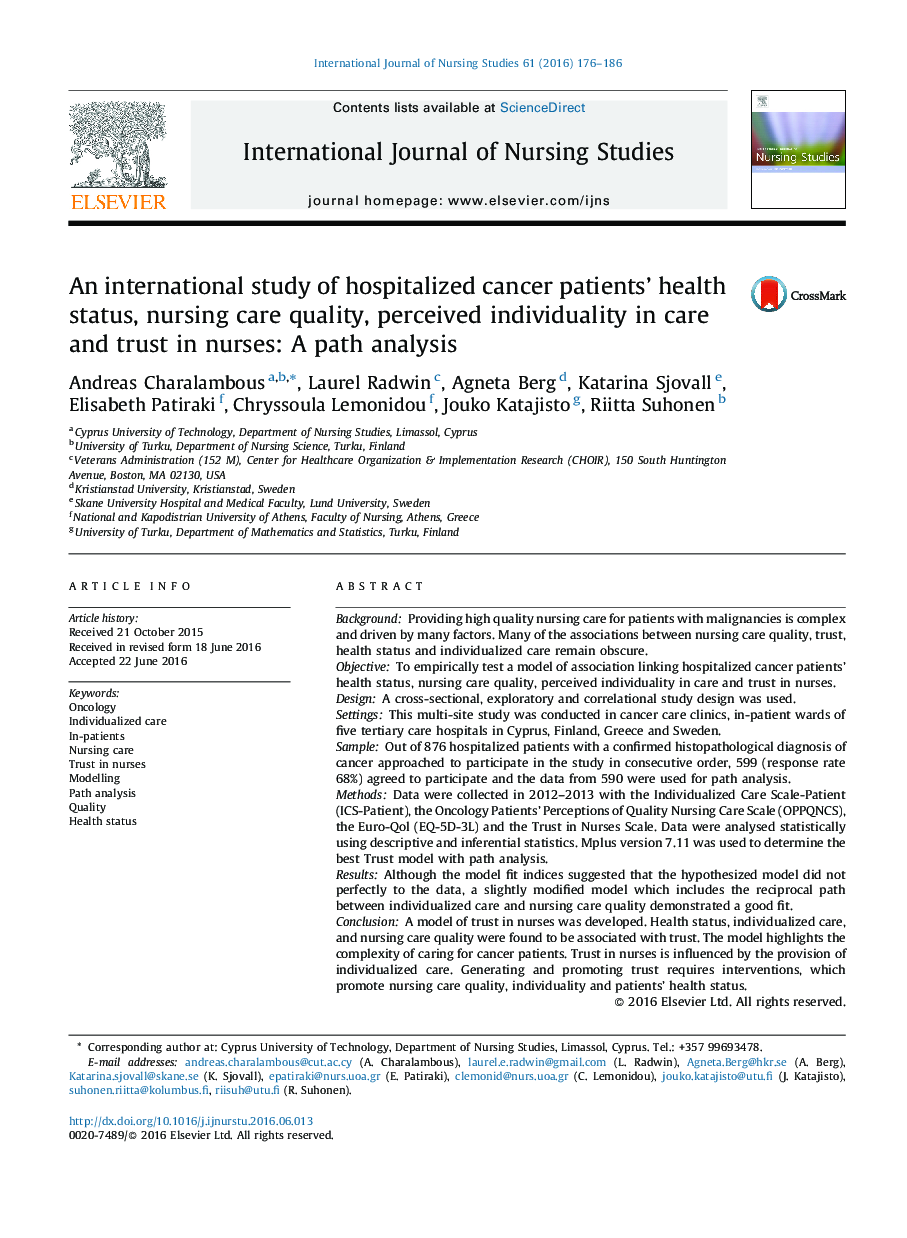 An international study of hospitalized cancer patients' health status, nursing care quality, perceived individuality in care and trust in nurses: A path analysis