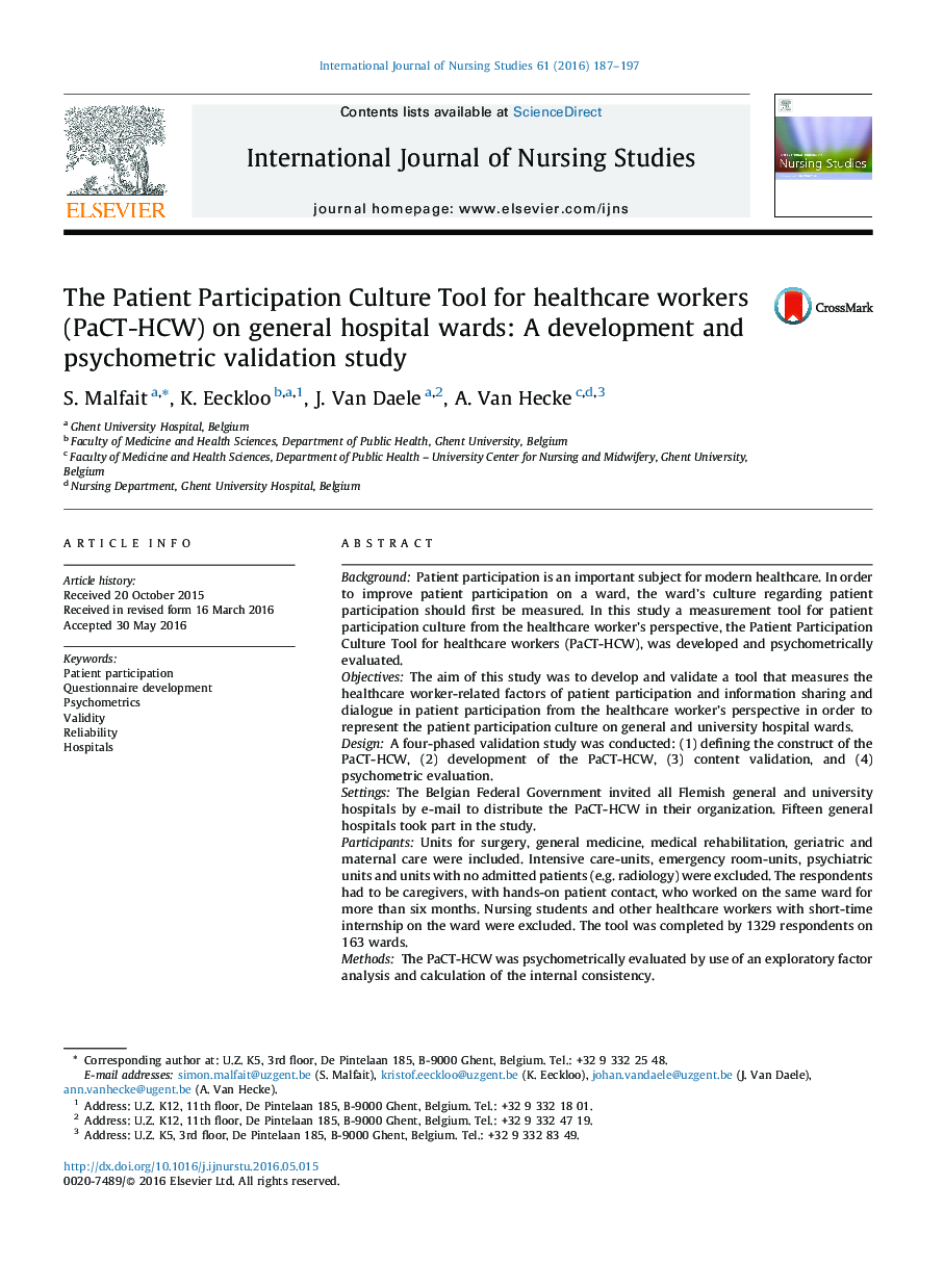 The Patient Participation Culture Tool for healthcare workers (PaCT-HCW) on general hospital wards: A development and psychometric validation study