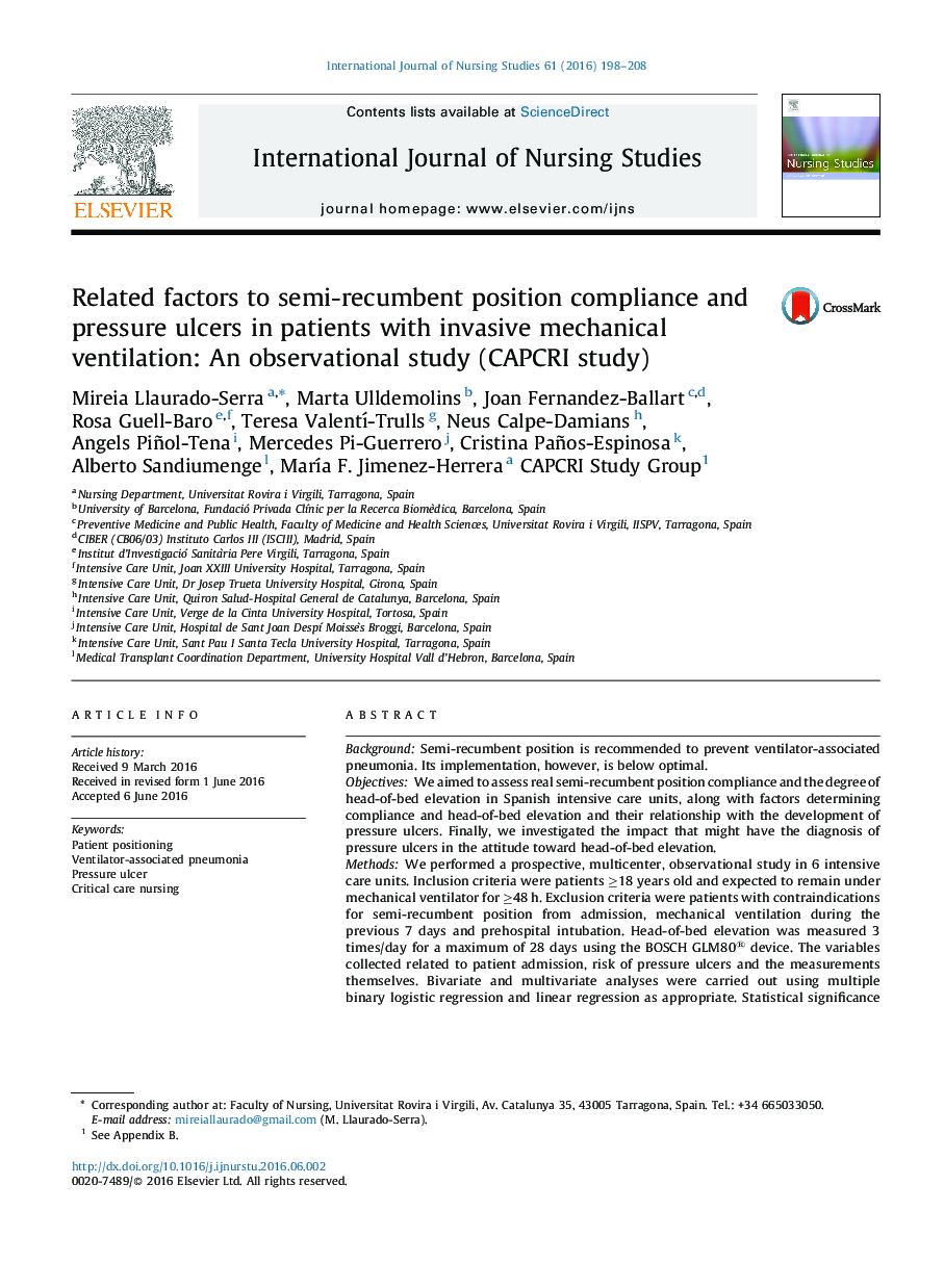 Related factors to semi-recumbent position compliance and pressure ulcers in patients with invasive mechanical ventilation: An observational study (CAPCRI study)