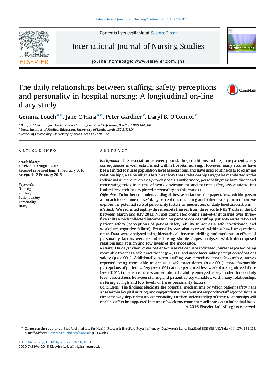 روابط روزانه بین کارکنان، ادراکات ایمنی و شخصیت در پرستاری بیمارستان: یک مطالعه روزانه بر روی خط طولی 