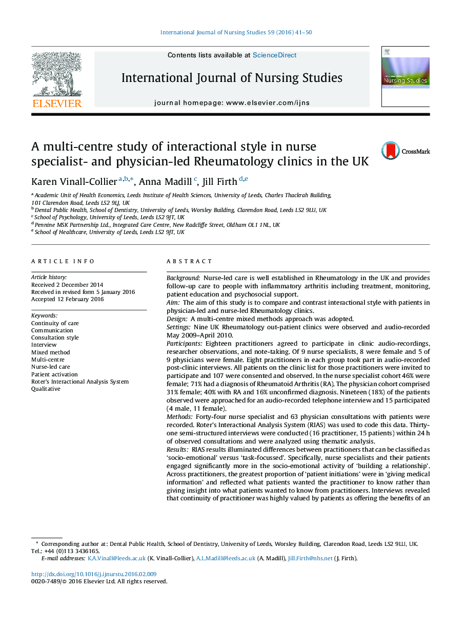 A multi-centre study of interactional style in nurse specialist- and physician-led Rheumatology clinics in the UK