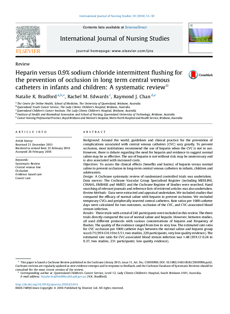 هپارین در برابر 0.9٪ کلسترول سدیم متناوب برای جلوگیری از انسداد در کاتترهای طولانی مدت ورید مرکزی در نوزادان و کودکان: بررسی سیستماتیک 