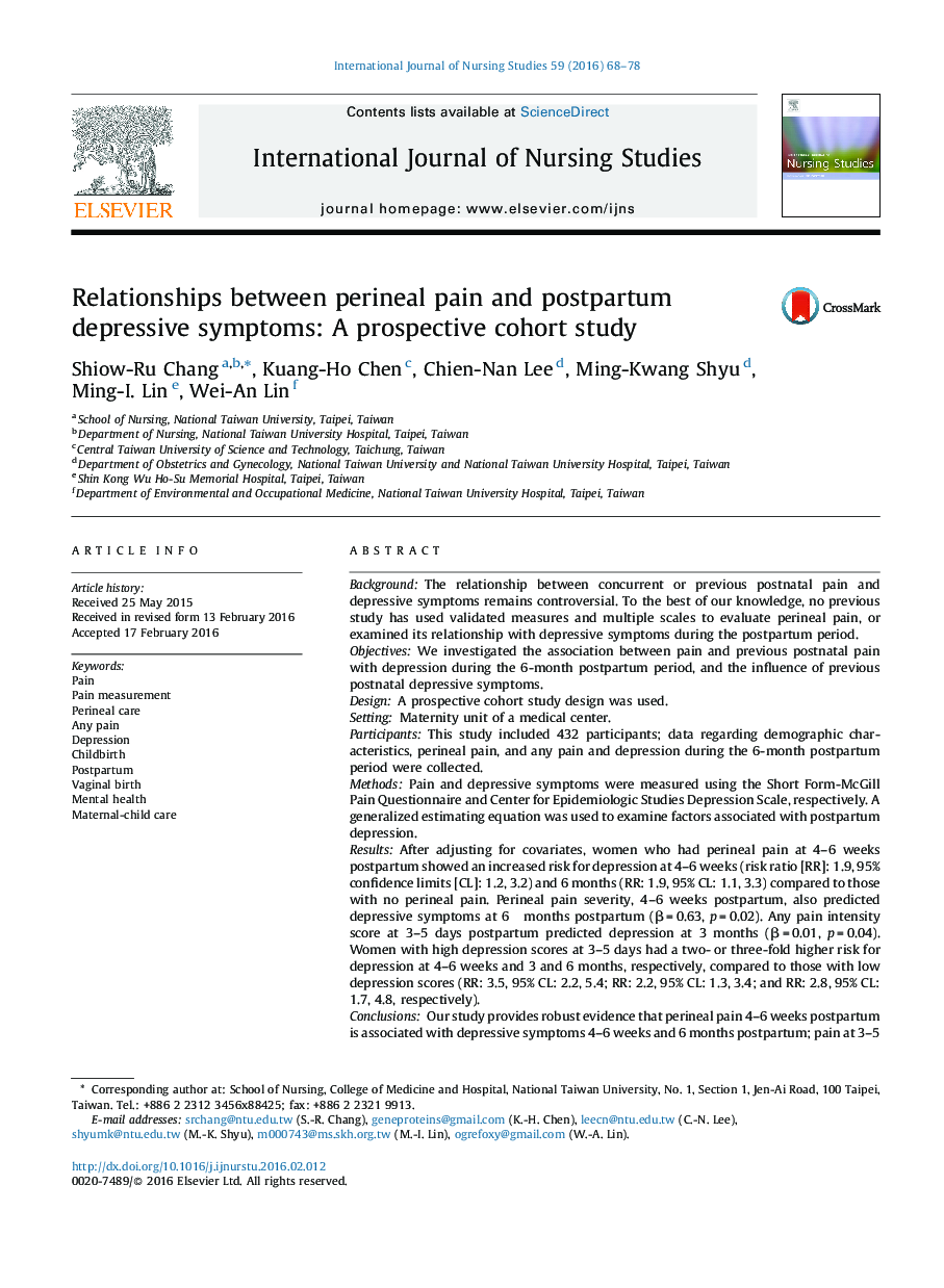 Relationships between perineal pain and postpartum depressive symptoms: A prospective cohort study