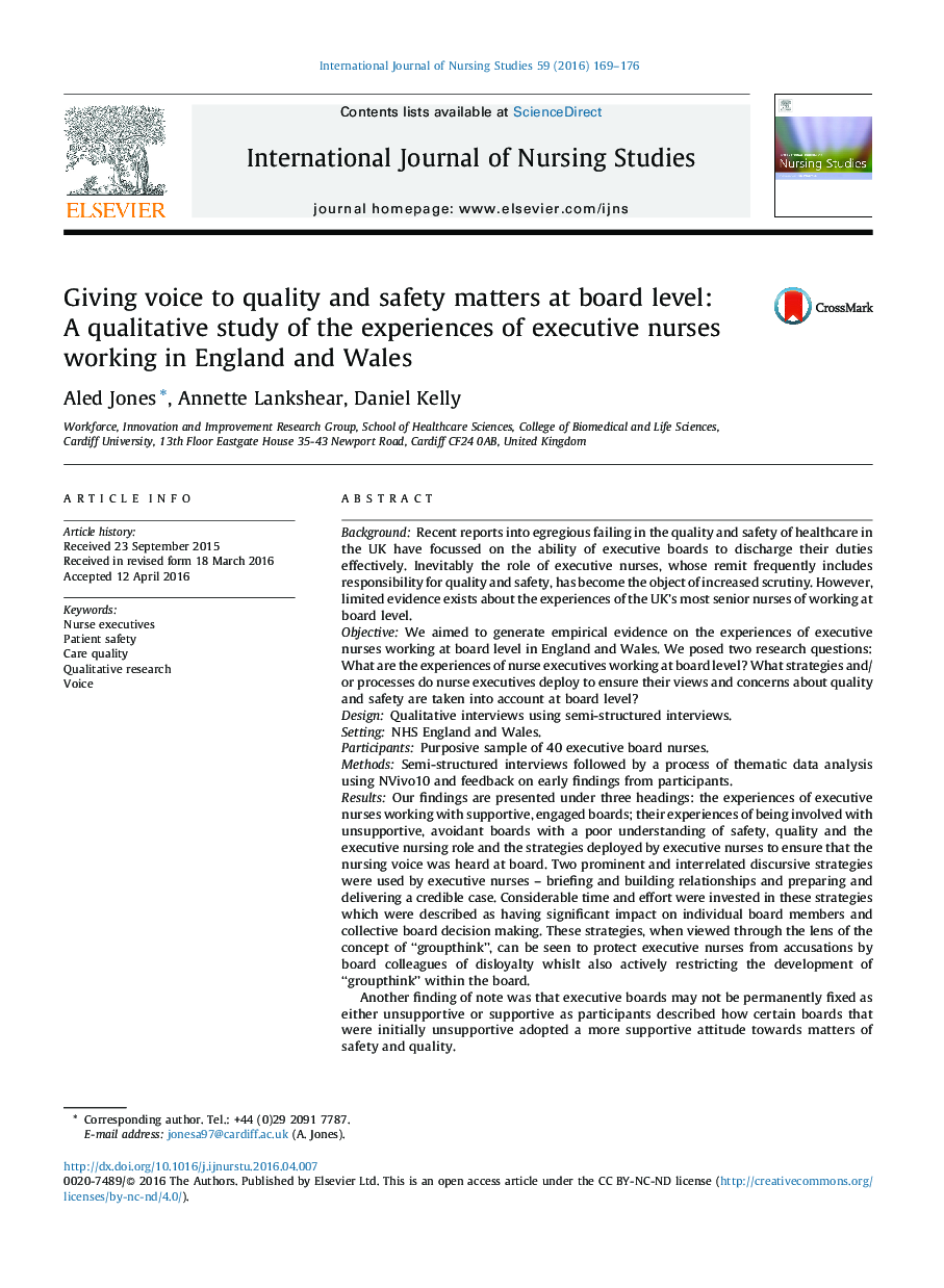 Giving voice to quality and safety matters at board level: A qualitative study of the experiences of executive nurses working in England and Wales