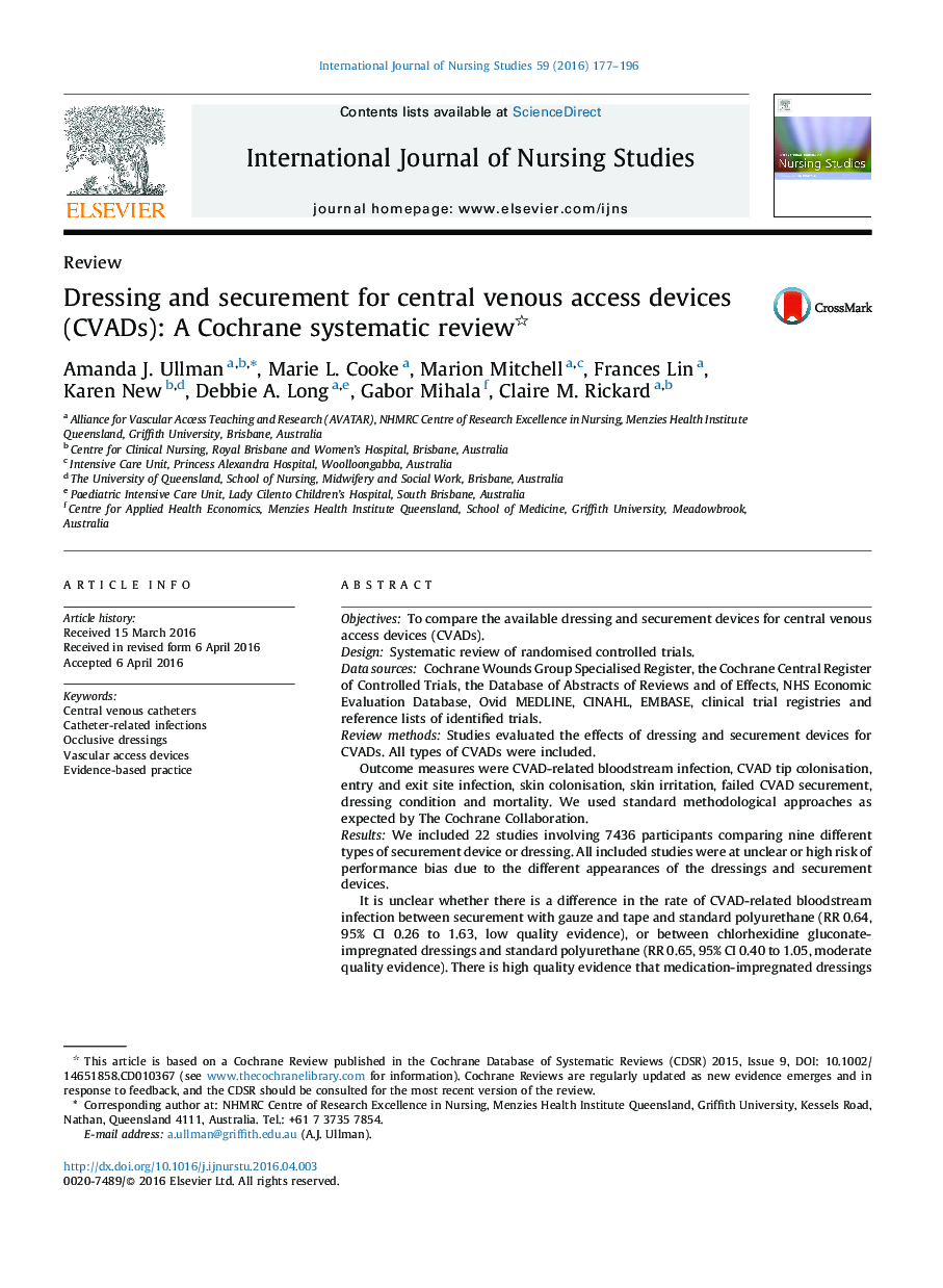Dressing and securement for central venous access devices (CVADs): A Cochrane systematic review