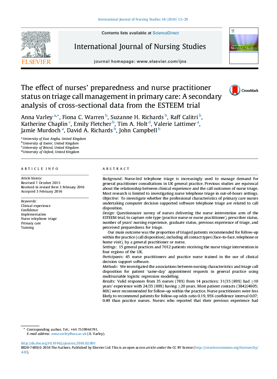 The effect of nurses' preparedness and nurse practitioner status on triage call management in primary care: A secondary analysis of cross-sectional data from the ESTEEM trial