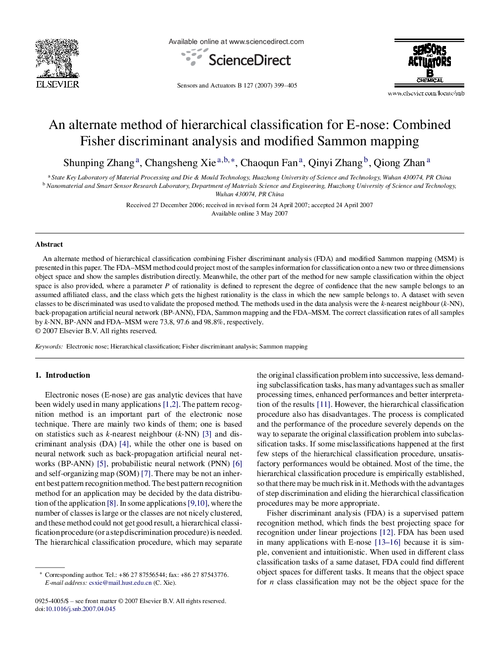 An alternate method of hierarchical classification for E-nose: Combined Fisher discriminant analysis and modified Sammon mapping