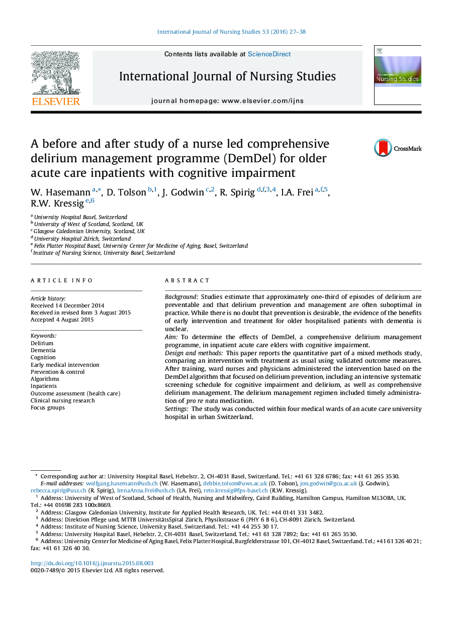 A before and after study of a nurse led comprehensive delirium management programme (DemDel) for older acute care inpatients with cognitive impairment