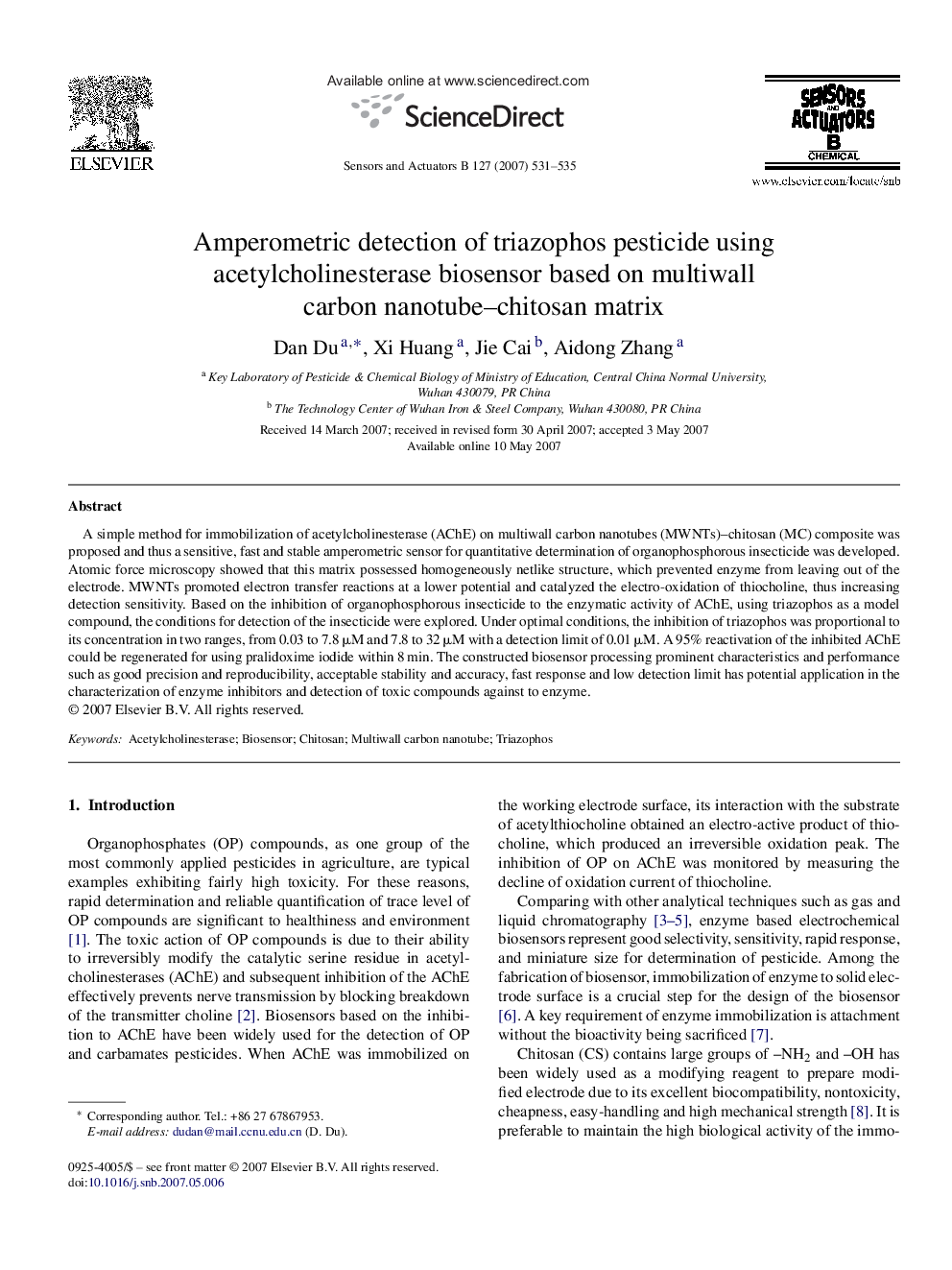 Amperometric detection of triazophos pesticide using acetylcholinesterase biosensor based on multiwall carbon nanotube–chitosan matrix