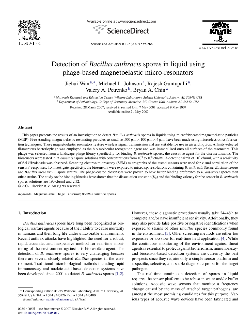 Detection of Bacillus anthracis spores in liquid using phage-based magnetoelastic micro-resonators