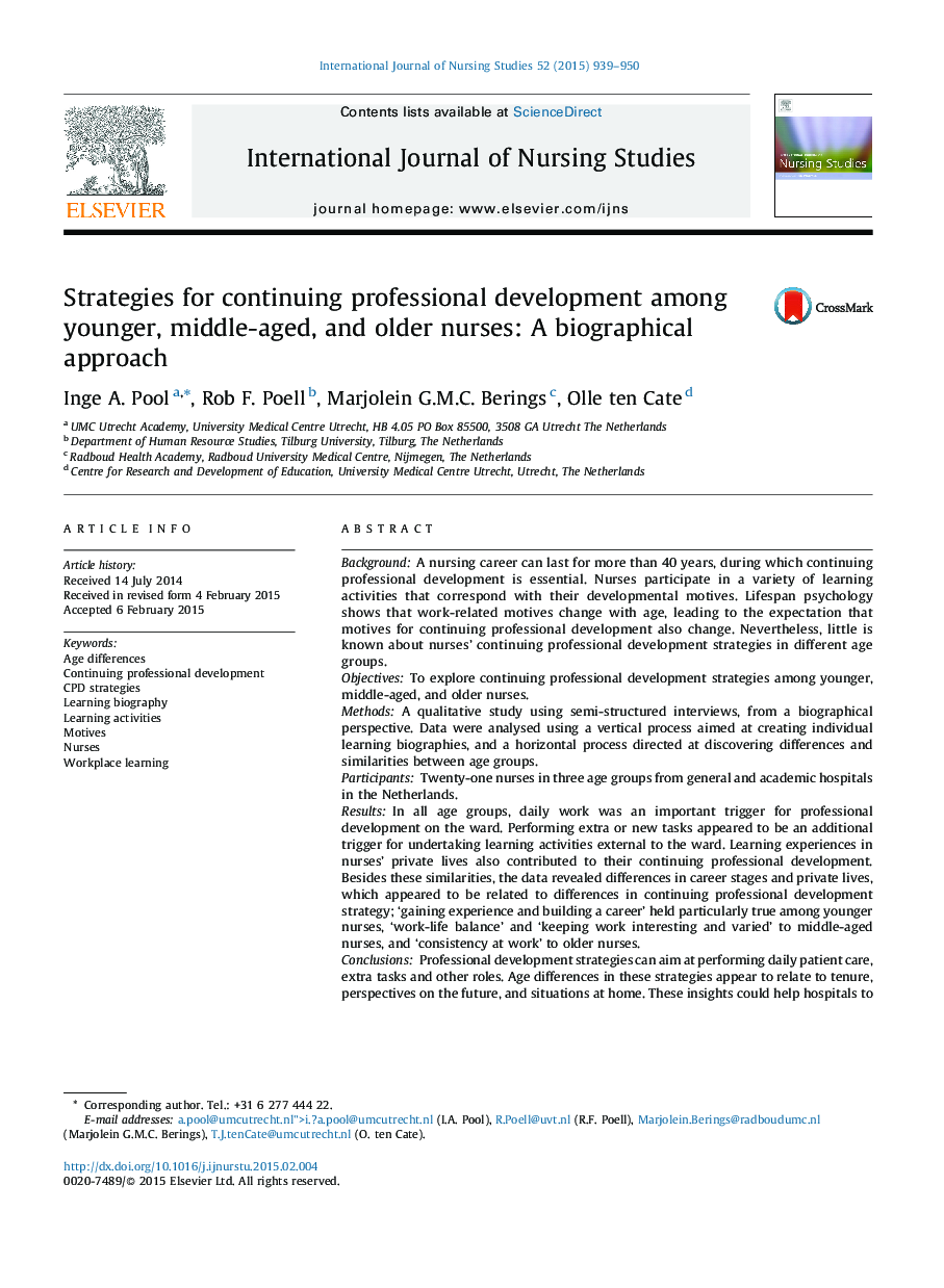 Strategies for continuing professional development among younger, middle-aged, and older nurses: A biographical approach