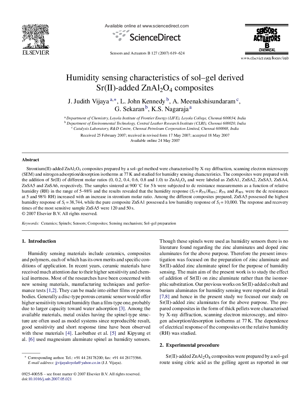 Humidity sensing characteristics of sol–gel derived Sr(II)-added ZnAl2O4 composites