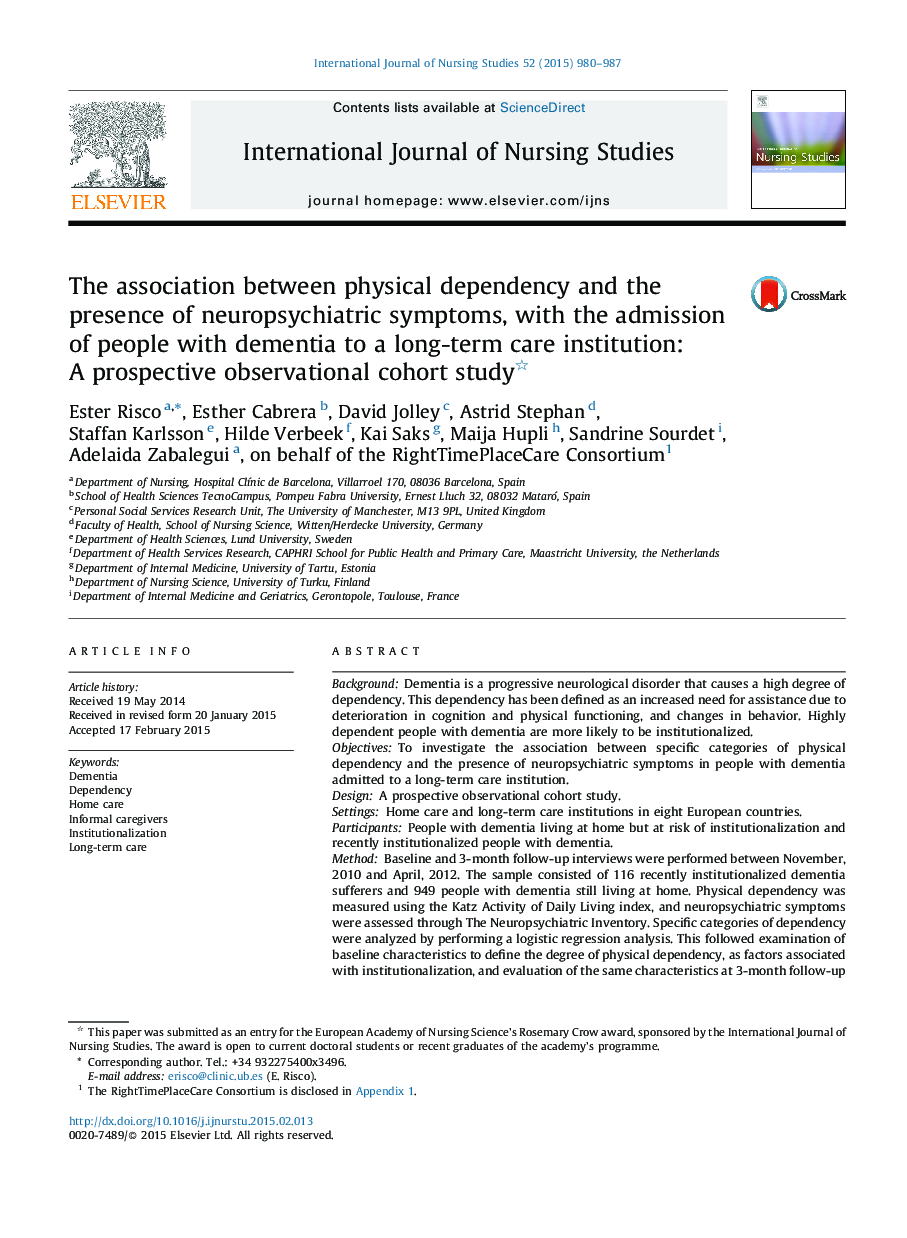 The association between physical dependency and the presence of neuropsychiatric symptoms, with the admission of people with dementia to a long-term care institution: A prospective observational cohort study