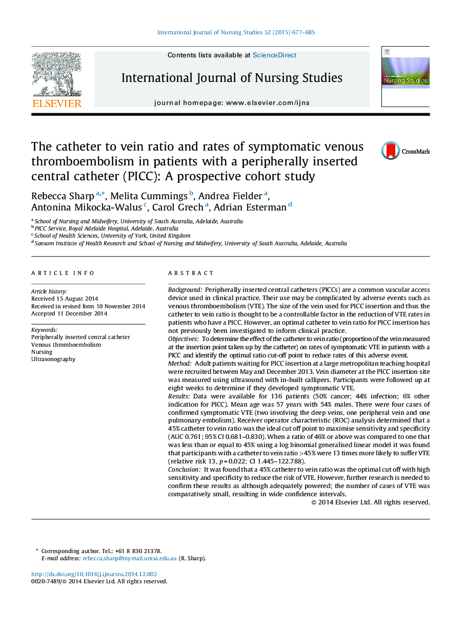 The catheter to vein ratio and rates of symptomatic venous thromboembolism in patients with a peripherally inserted central catheter (PICC): A prospective cohort study