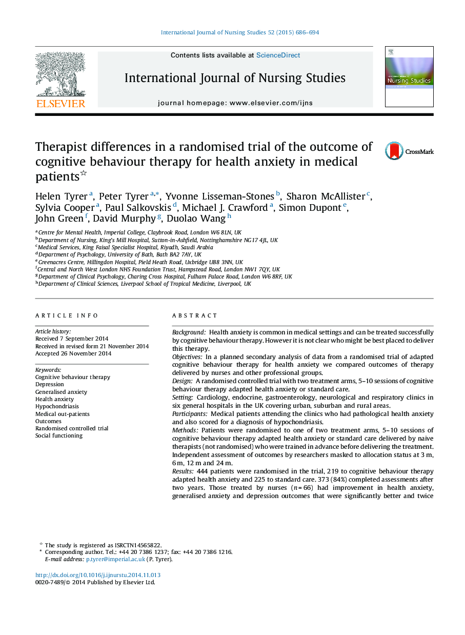 Therapist differences in a randomised trial of the outcome of cognitive behaviour therapy for health anxiety in medical patients