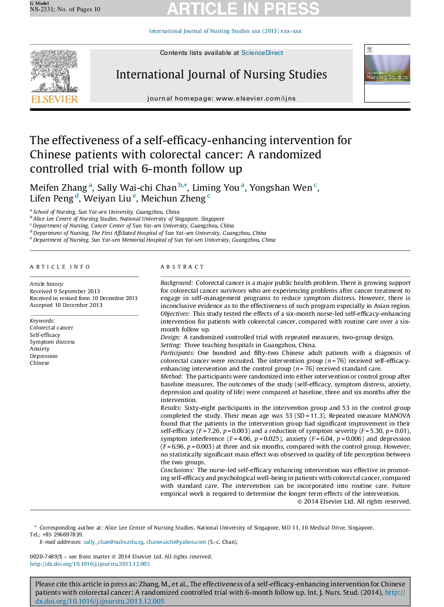 The effectiveness of a self-efficacy-enhancing intervention for Chinese patients with colorectal cancer: A randomized controlled trial with 6-month follow up