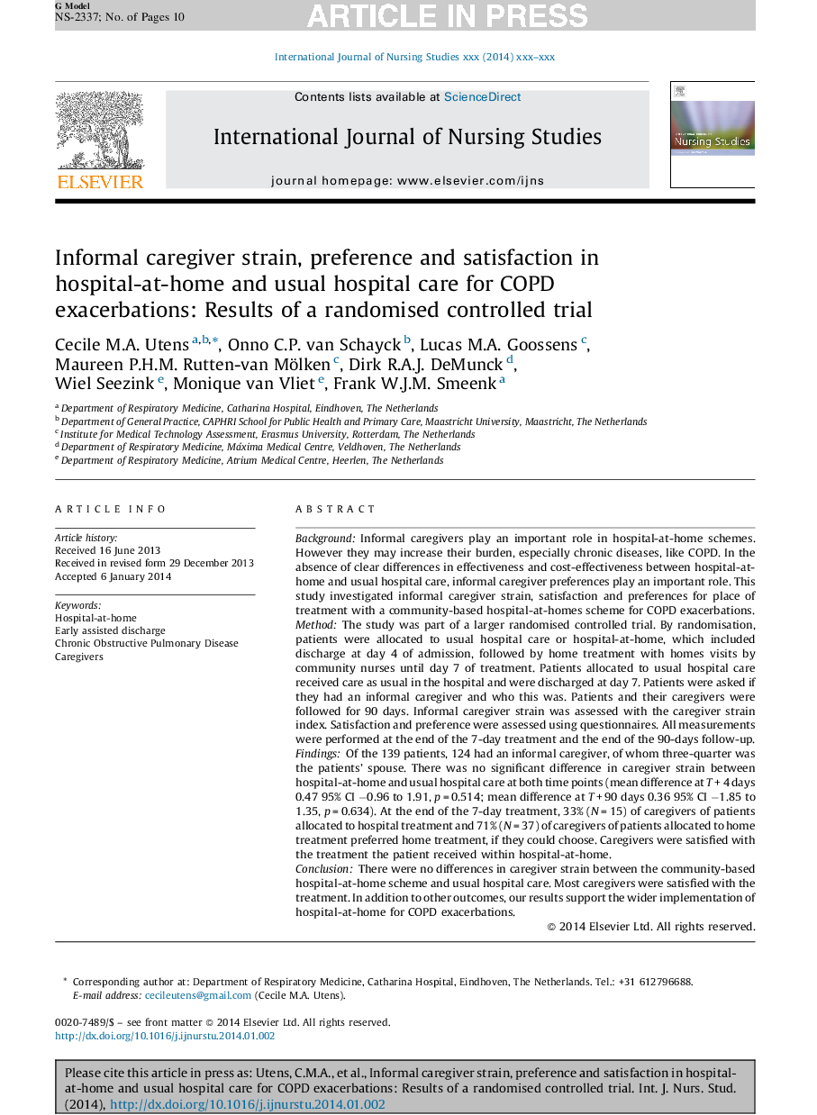 Informal caregiver strain, preference and satisfaction in hospital-at-home and usual hospital care for COPD exacerbations: Results of a randomised controlled trial