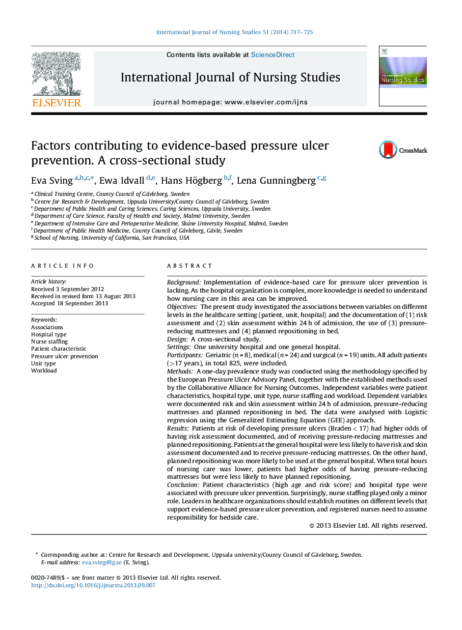 Factors contributing to evidence-based pressure ulcer prevention. A cross-sectional study